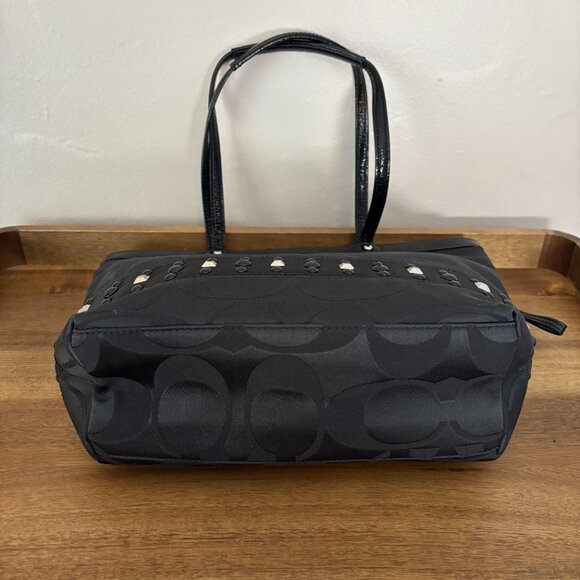 Coach Black Sateen Signature C Black Patent Leather Trim Studded Tote - Picture 7 of 10